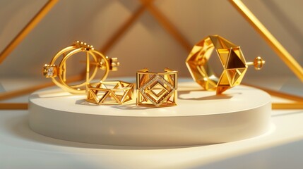 : Elegant gold bracelets and earrings with geometric shapes on a pristine white podium, ideal for high-end jewelry advertisements.