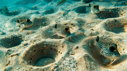 Wall Mural - A bustling community of male pufferfish meticulously crafting circles and lines in the sand.