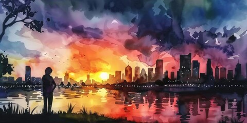 Wall Mural - A watercolor painting of a city skyline in background, sunset colors, romantic mood, dreamy atmosphere. Water color, soft brush strokes, pastel hues