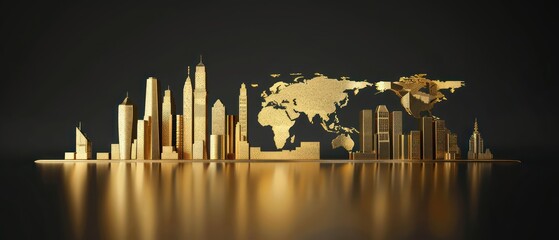 gold world cityscape, minimalist Illustration isolated on a black background