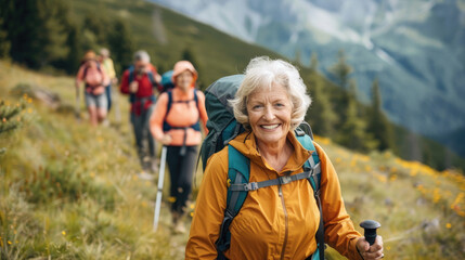 portrait of a senior woman trekking with a group in mountains