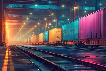 Poster - Colorful empty freight train in a modern cargo terminal at night