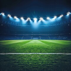 Wall Mural - Realistic stadium with floodlights shining on the green grass in the middle of the football field, the bench background is blurry and dark, cinematic dramatic effect of smoke haze
