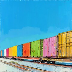 Poster - Colorful freight train loaded with containers on a clear day