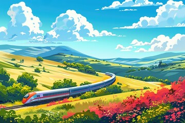 Wall Mural - Colorful passenger train traveling through a scenic landscape on a sunny day