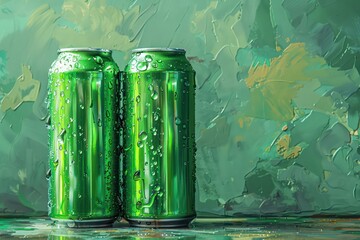 Wall Mural - two green cans wallpaper with sparkling water reflections