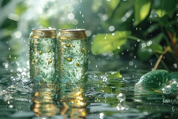 Wall Mural - two green cans wallpaper with sparkling water reflections