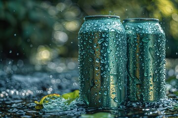 Wall Mural - two green cans wallpaper with sparkling water reflections