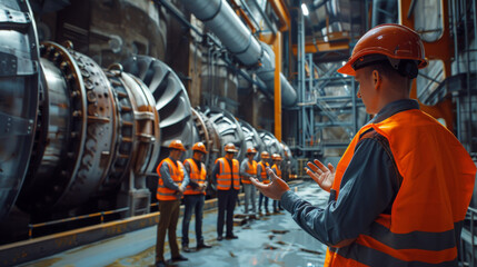 Workers in safety gear attending a training session led by an engineer in a large power plant, focusing on safety and machinery.