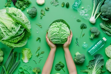 A person holding cabbage on green background with vegetables