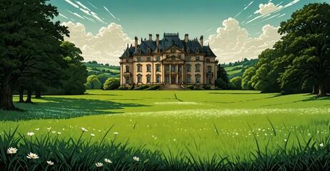 Wall Mural - palace mansion in green forest woods under blue sky and clouds in summer. open field meadow secluded castle with mountains.	
