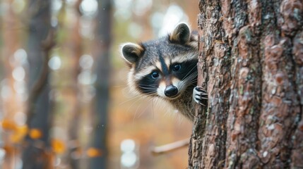 Wall Mural - A curious raccoon peeking out from behind a tree trunk, its masked face twitching with curiosity 