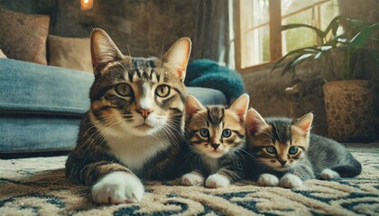 Wall Mural - Mother cat with her kittens laying on the carpet in the living room