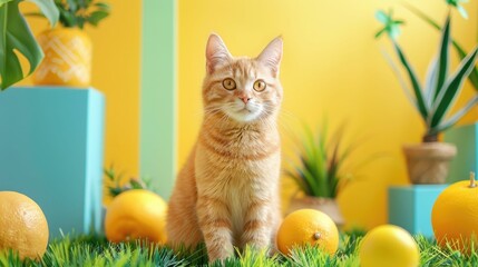 Adorable orange tabby cat sitting among lemons and vibrant green plants, set against a bright yellow background.
