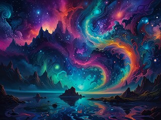 Wall Mural - Ethereal Reverie : Step into a dreamscape where abstract forms waltz with celestial hues. Floating islands and mystical creatures bask in the luminous embrace of the Aurora.
