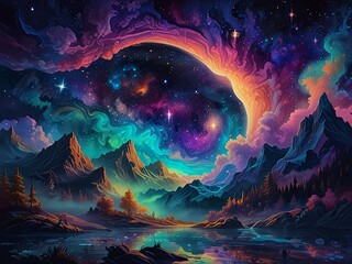 Wall Mural - Ethereal Reverie : Step into a dreamscape where abstract forms waltz with celestial hues. Floating islands and mystical creatures bask in the luminous embrace of the Aurora.

