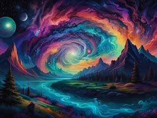 Wall Mural - Ethereal Reverie : Step into a dreamscape where abstract forms waltz with celestial hues. Floating islands and mystical creatures bask in the luminous embrace of the Aurora.
