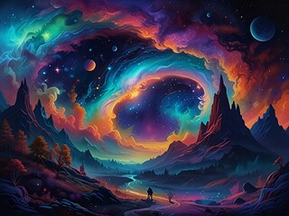 Wall Mural - Ethereal Reverie : Step into a dreamscape where abstract forms waltz with celestial hues. Floating islands and mystical creatures bask in the luminous embrace of the Aurora.
