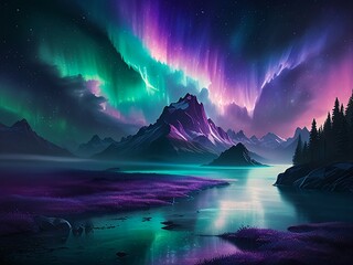 Wall Mural - Ethereal Reverie : Step into a dreamscape where abstract forms waltz with celestial hues. Floating islands and mystical creatures bask in the luminous embrace of the Aurora.
