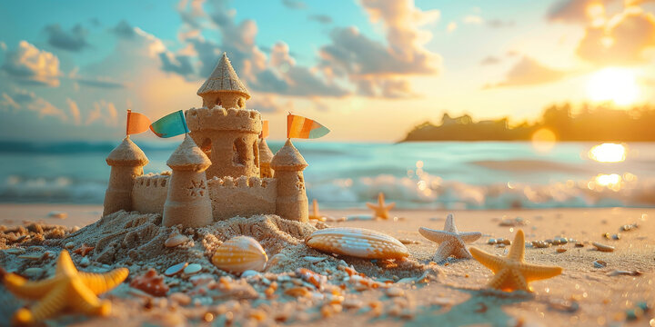 Elaborate sandcastle surrounded by colorful seashells and starfish on a sunny beach, with waves gently rolling in the background, capturing the essence of a perfect summer day.banner
