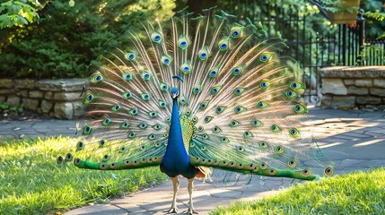 Photograph a peacock displaying its magnificent tail feathers, the iridescent colors shimmering in the sunlight