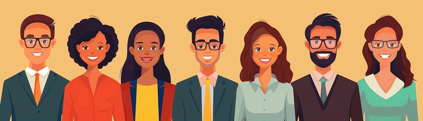 Group portrait of funny smiling office workers or clerks standing together Team of cute cheerful male and female employees or colleagues Colorful vector illustration in flat cartoon style, closeup, fl