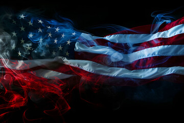 American flag form smoke on black background at USA Independence Day, celebration and patriotism concept