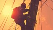 © Saha165 - A power engineer in uniform, with safety equipment on his back and hands working at the top of an electric pole against an orange sky