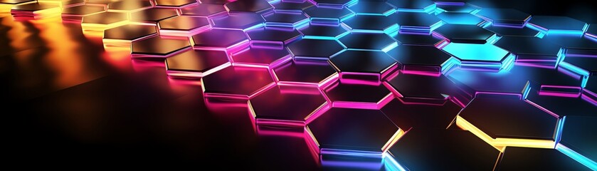 Poster - abstract hexagons, rainbow glow, black background, geometric light display