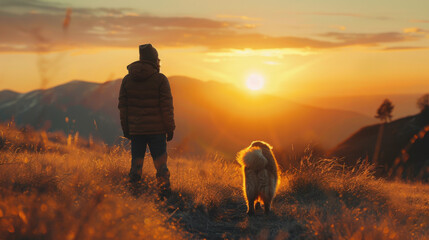 Wall Mural - A young child and their dog stand together, watching a beautiful sunset over a mountainous landscape.