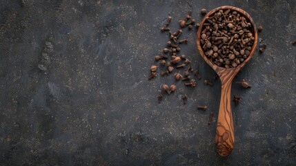 Aromatic coffee beans on a wooden spoon ready to brew