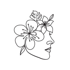 Wall Mural - A hand-drawn woman's head with flowers portrait.  Female line art drawing. Flowers Head Woman Line Drawing. Surreal Minimalist Art. Beauty Salon logotype elegant minimal outline illustration. 