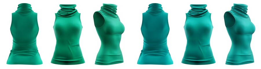 Sticker - 2 Set of woman turquoise blue green sleeveless turtleneck roll High neck top sweater vest, front back side view on transparent cutout PNG file. Mockup template for artwork design