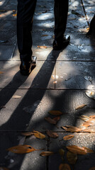 A hyper-realistic and intricately detailed photo of two men's legs and feet in black shoes walking through the city center. The image captures complex lighting and shadows, emphasizing the urban back