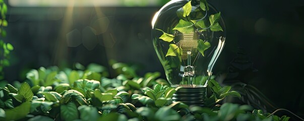 Wall Mural - A light bulb with green leaves inside, symbolizing eco friendly energy and sustainability. The dark background highlights the lamp's glow