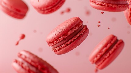 Poster - Red macarons suspended in the air with a soft shadow on a pastel pink background, elegant, playful, natural daylight