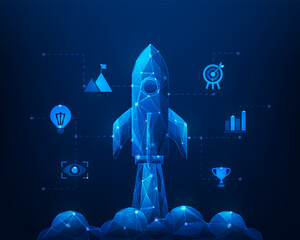 business startup rocket launch technology digital with icon finance on blue background. goal and achievement. vector illustration low poly wireframe.