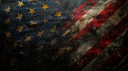 A grunge effect horizontal vector illustration of USA flag faded into black towards the right, USA stars and stripes color background, Generative Ai