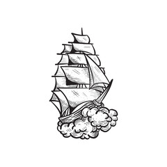 Vintage retro creative flying and sailing ship in the cloud vector art illustration