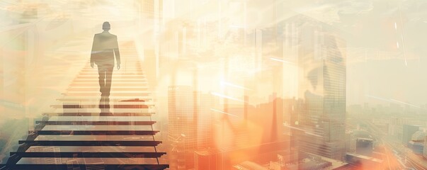 Businessman walking up the stairs to success concept with arrows and city background, double exposure photography, smooth surface, soft lighting, neutral colors