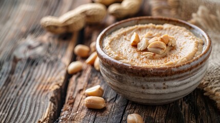 Wall Mural - Close up of tasty nut butter in a bowl with peanuts placed on a wooden table