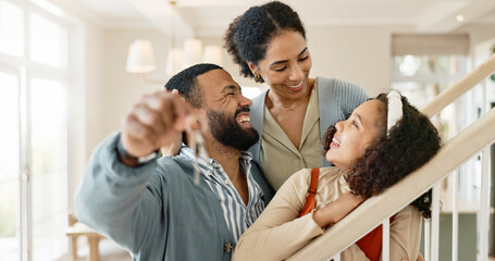 Canvas Print - Parents, girl and happy with keys in new home or apartment, relocation and property purchase for investment or achievement. Mom, dad and child together with mortgage loan, milestone and celebration.