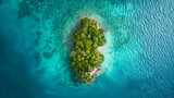 Aerial View of a Small Tropical Island Surrounded by Turquoise Waters, Aerial view of a small tropical island surrounded by turquoise waters, featuring lush greenery and palm trees