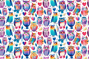 Sticker - A colorful pattern of owls with hearts on their chests