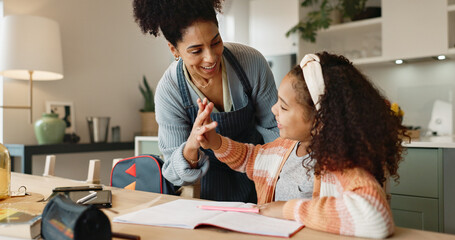 Poster - Child, high five and house for education, learning and growth for future or knowledge. Mother, student and kitchen for help, studying and support or home school for development or coloring assessment