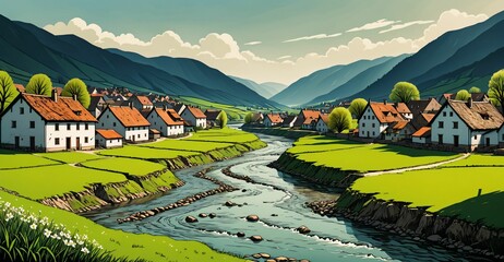 Wall Mural - village houses by a lake and mountains under clouds and sky. secluded river town in forest in summer.	