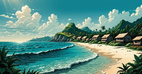 Poster - beach ocean with village and tropical forest palm trees. houses on seashore. sand by the sea water under sky and clouds on summer day.	