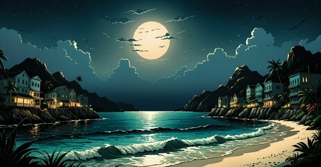 Sticker - beach ocean with village and tropical forest palm trees. houses on seashore. sand by the sea water under sky and clouds on summer night.	
