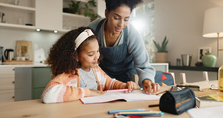Poster - Student, mom and house for education, learning and notebook for future and knowledge. Mother, child and kitchen for help, studying and support or home school for development or coloring assessment
