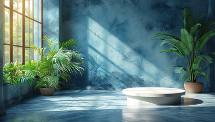 Fototapete - Large Product Presentation Room with Plants and Pedestal extreme closeup. Generative AI